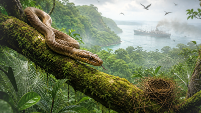 Brown tree snakes reached Guam hidden in military cargo during World War II, and it triggered an ecological collapse that wiped out nearly all native birds and slashed tree seedling growth by up to 92% |