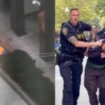 Watch: US army veteran carrying 'ICE off our streets' sign sets fire outside NYC federal building