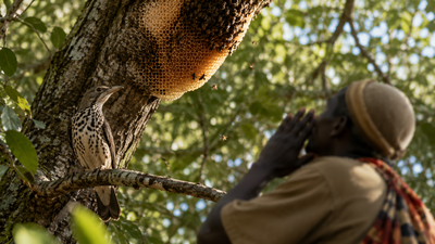 African honeyguide birds recognise local calls from honey hunters to help find hidden bee nests |