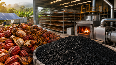 Vietnamese cocoa processor converts 5,000 tons of discarded pods into biochar and clean energy, turning cocoa waste into heat that cuts drying time from 15 days to 7 |