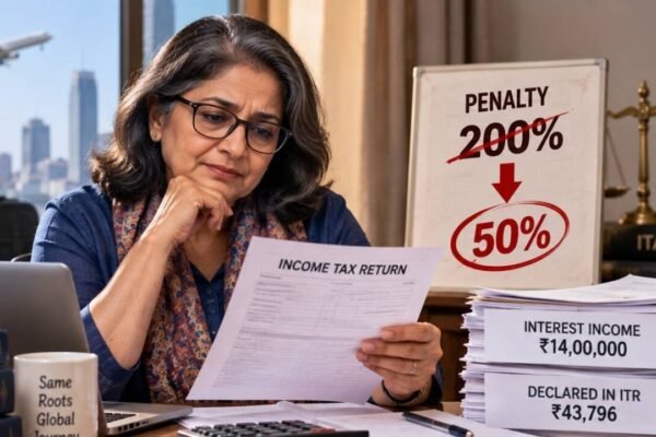 She declared Rs 43,796 income but omitted Rs 14.02 lakh interest from her ITR; tax officer imposed a 200% penalty of Rs 4.85 lakh, but ITAT cut it to Rs 1.21 lakh