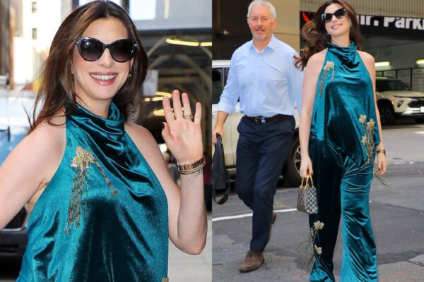 Pregnant Anne Hathaway is eating up the red carpet before taking a break: Actor stuns in teal velvet look for Verity