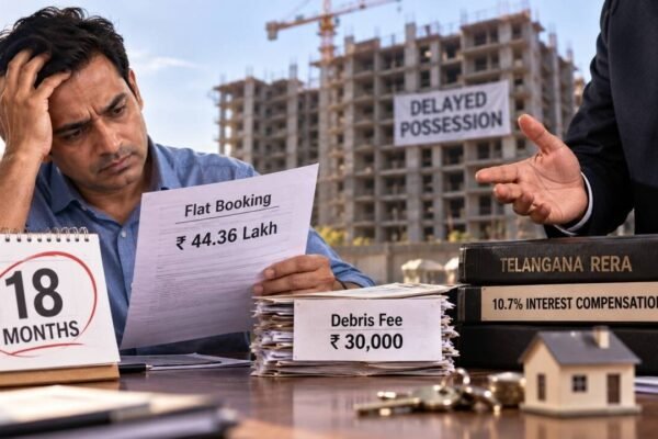 Builder delayed Rs 44.36 lakh flat possession by 18 months and charged Rs 30,000 debris fee; Telangana RERA orders him to pay homebuyer 10.7% interest compensation for delay