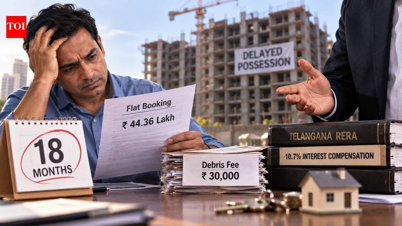 Builder delayed Rs 44.36 lakh flat possession by 18 months and charged Rs 30,000 debris fee; Telangana RERA orders him to pay homebuyer 10.7% interest compensation for delay