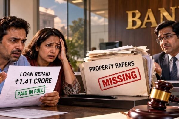 Delhi couple repaid Rs 1.41 crore home loan, but the bank lost their original sale deed property papers; consumer commission orders Rs 15 lakh compensation plus Rs 50,000 costs