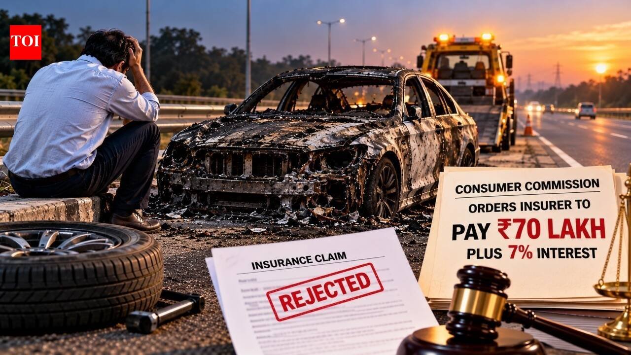 He left his BMW locked on the highway after midnight puncture, next morning it was found burnt; insurer rejected claim, but consumer commission orders Rs 70 lakh plus 7% interest