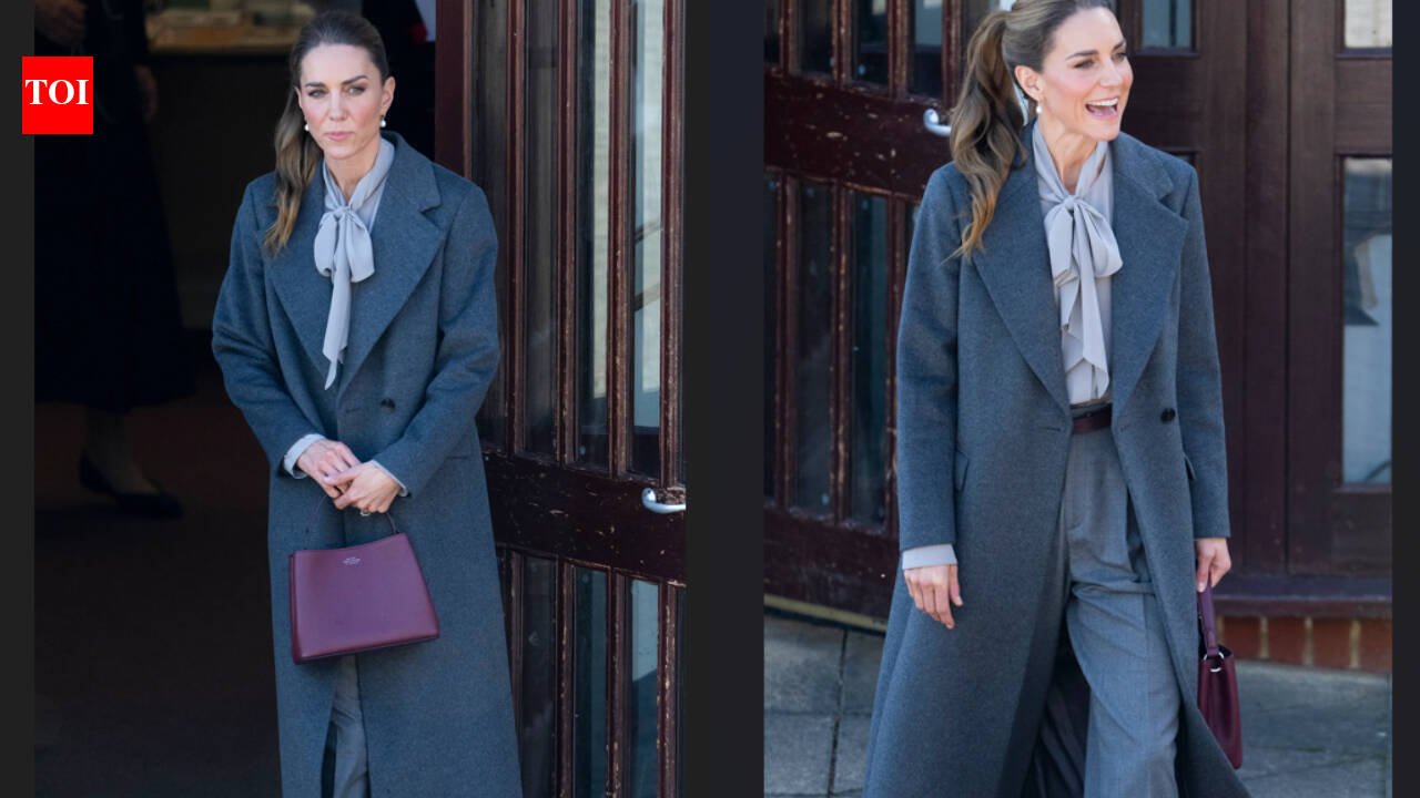 Kate Middleton’s latest autumn look has it all: A chic charcoal coat, bow blouse and a new Smythson bag |