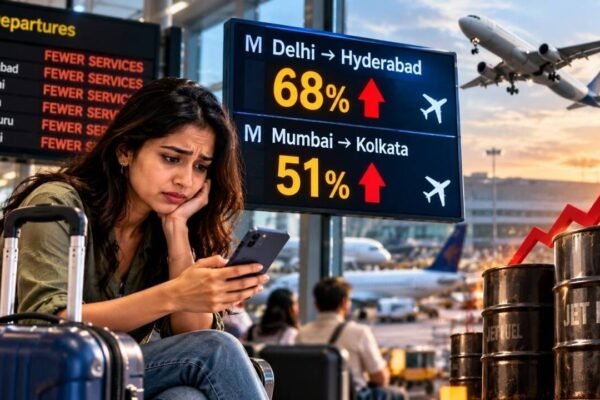 Flight fares soar: Delhi-Hyderabad up 68%, Mumbai-Kolkata 51% as fewer services and higher fuel costs squeeze travellers; IndiGo raises fuel surcharge by up to Rs 350