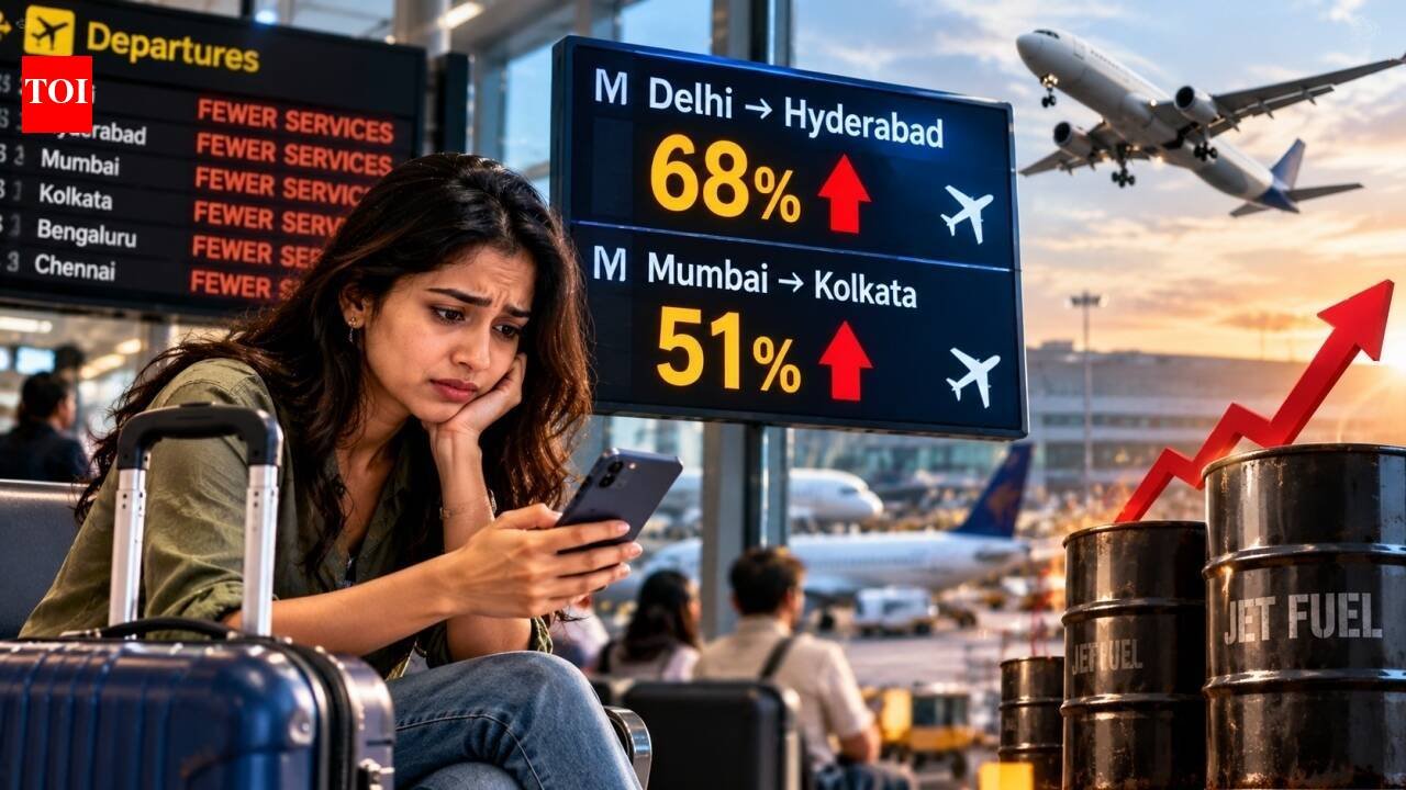 Flight fares soar: Delhi-Hyderabad up 68%, Mumbai-Kolkata 51% as fewer services and higher fuel costs squeeze travellers; IndiGo raises fuel surcharge by up to Rs 350