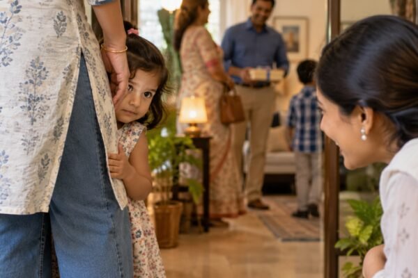 Psychology says toddlers who hide behind your legs but keep peeking at guests may be managing two competing feelings