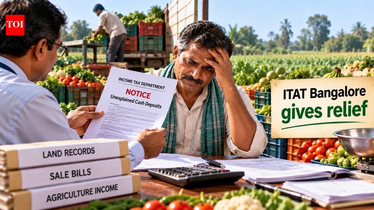 Farmer sold fruits and vegetables at APMC, deposited cash in bank account, but faced notice for unexplained large deposits; ITAT Bangalore gives relief, accepts land records and sale bills as proof