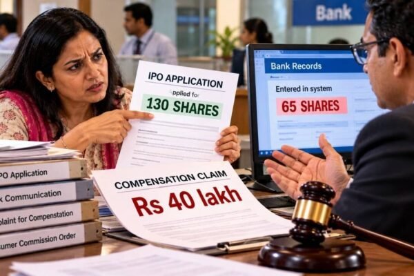 Woman applied for 130 IPO shares, bank entered only 65; consumer commission awards Rs 37,000 for deficient service but rejects her Rs 40 lakh compensation claim