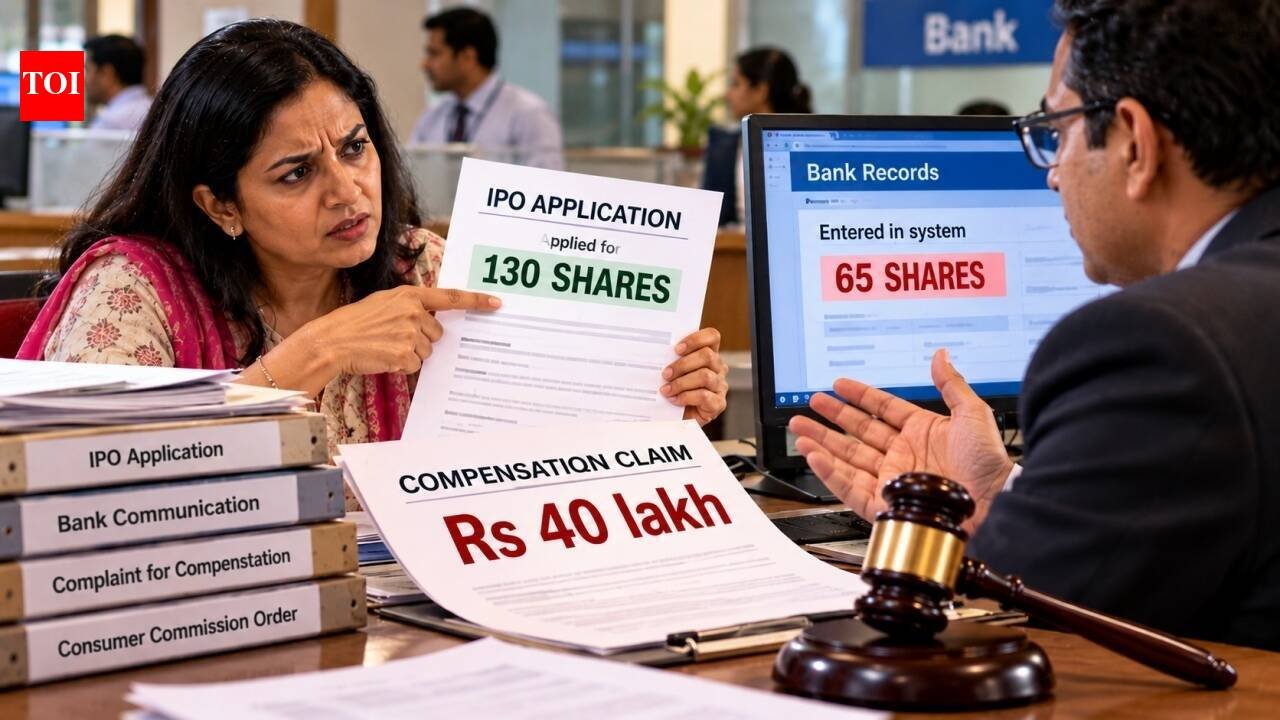 Woman applied for 130 IPO shares, bank entered only 65; consumer commission awards Rs 37,000 for deficient service but rejects her Rs 40 lakh compensation claim