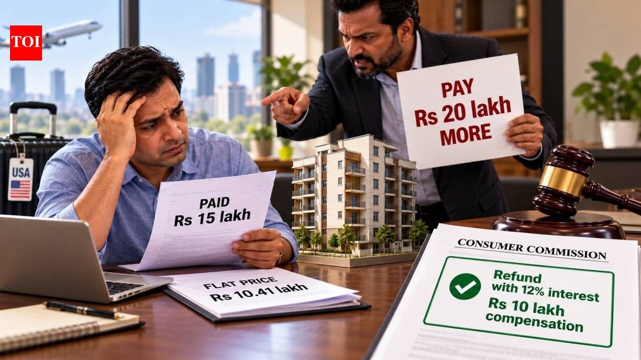 US-based homebuyer paid Rs 15 lakh for Rs 10.41 lakh flat, but builder demanded Rs 20 lakh more and allegedly threatened him; commission orders refund with 12% interest and Rs 10 lakh compensation