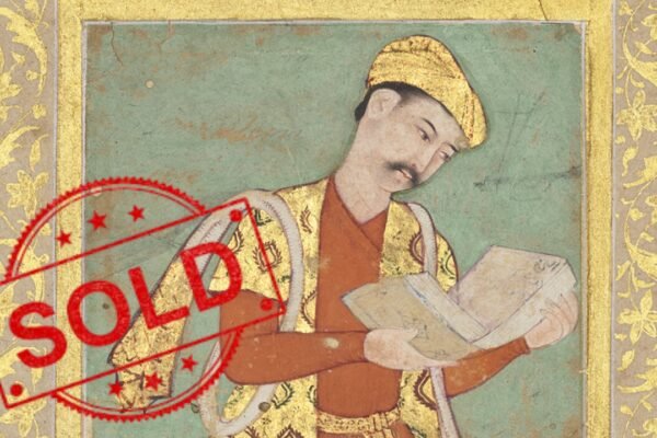 In 1608-09, a Mughal calligrapher signed the reverse of a courtier's portrait; after entering a British baron's collection by 1937, the album page sold in London for £571,500 in 2026, nearly five times its top estimate