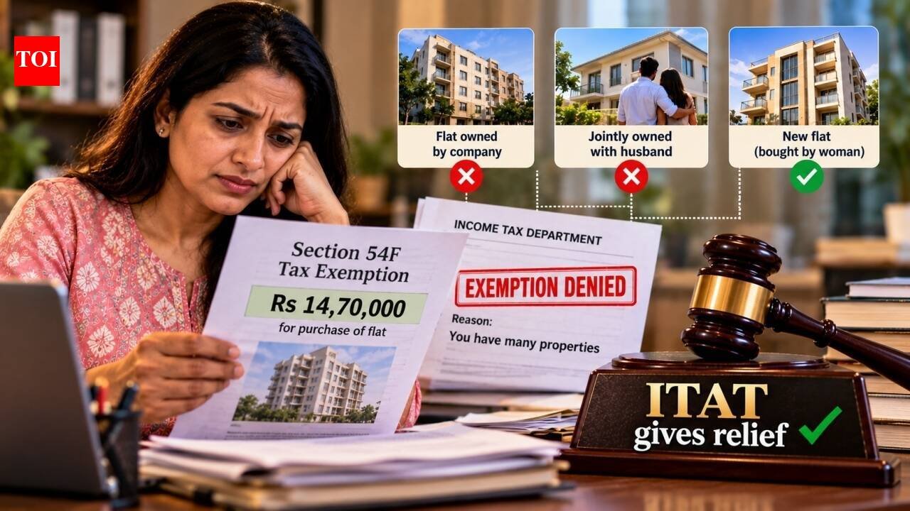 Woman claims Rs 14.70 lakh Section 54F tax exemption for flat; taxman denies saying she has many properties, but ITAT gives relief as one was company-owned and another jointly owned with husband