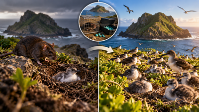 Scientists removed 18 invasive black rats from Mokoliʻi Island in 2002 using traps and poison bait; surviving Wedge-tailed Shearwater chicks rose from one to 185 by 2003 |