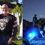 A Michigan father and his family have added a pirate ship to their front-yard Halloween world, complete with blue lighting and skeleton sailors, with live actors set to take over on October 31
